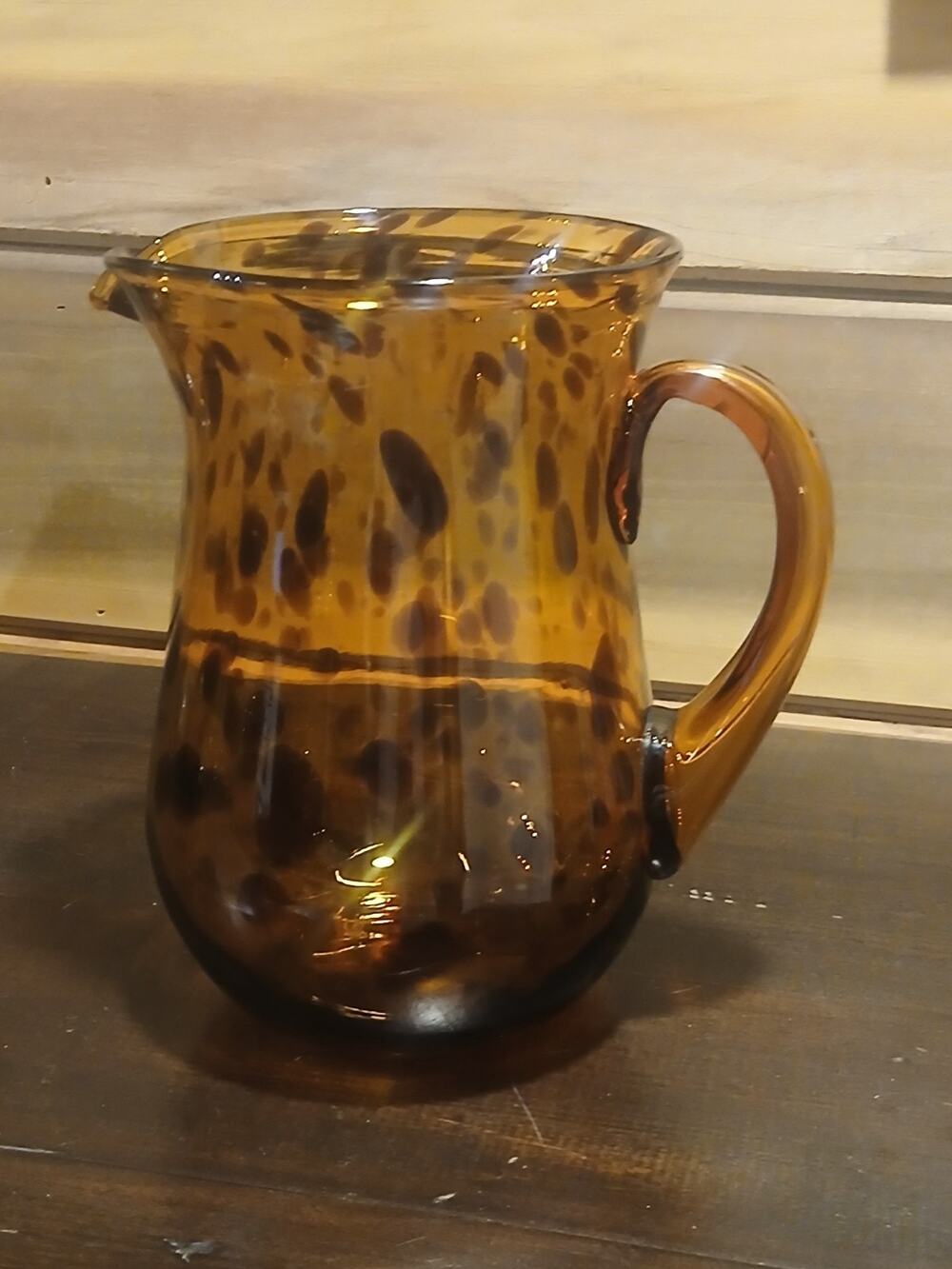 Vintage Mid Century Tortoiseshell Art Glass Pitcher 9" Amber Brown Hand Blown